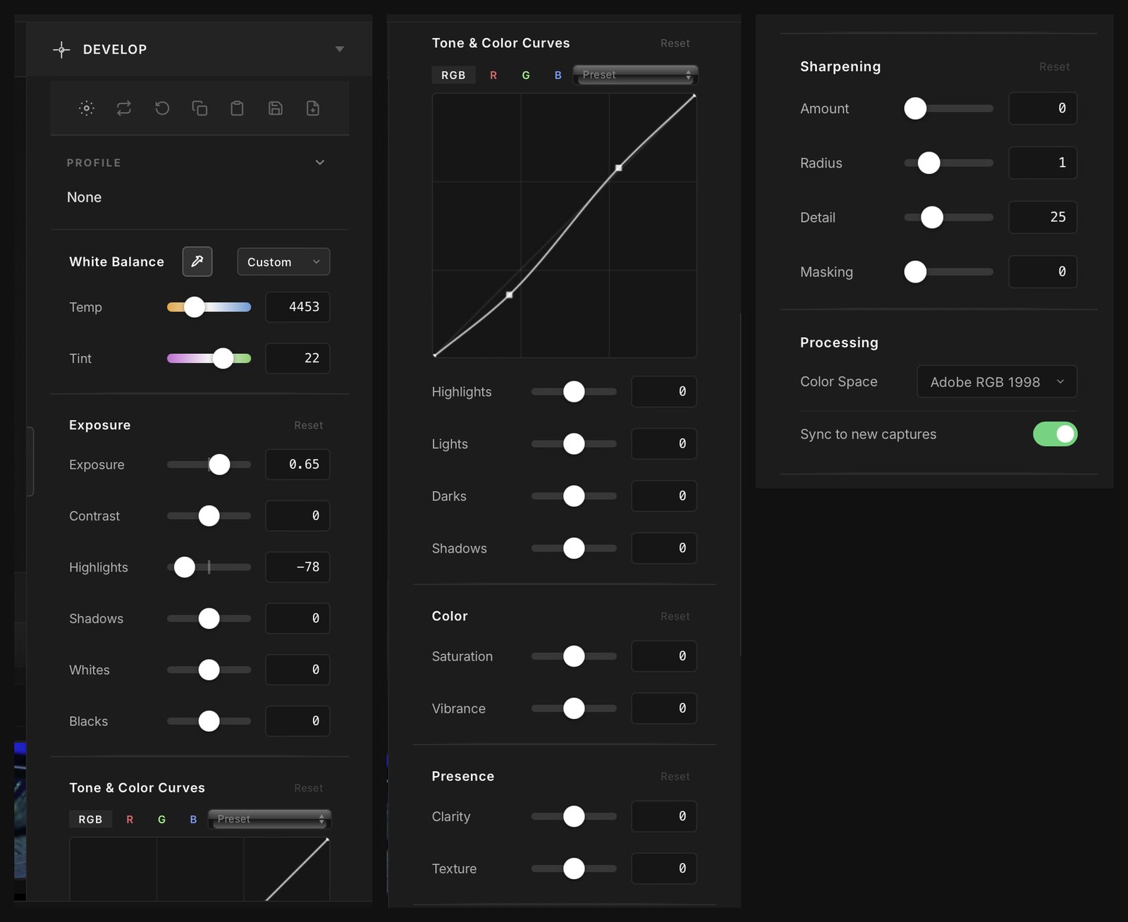TETHER STUDIO Develop panel controls: white balance, exposure, contrast, highlights, shadows, whites, blacks, RGB tone curves, saturation, vibrance, clarity, texture, sharpening amount radius detail masking, color space and Sync to new captures